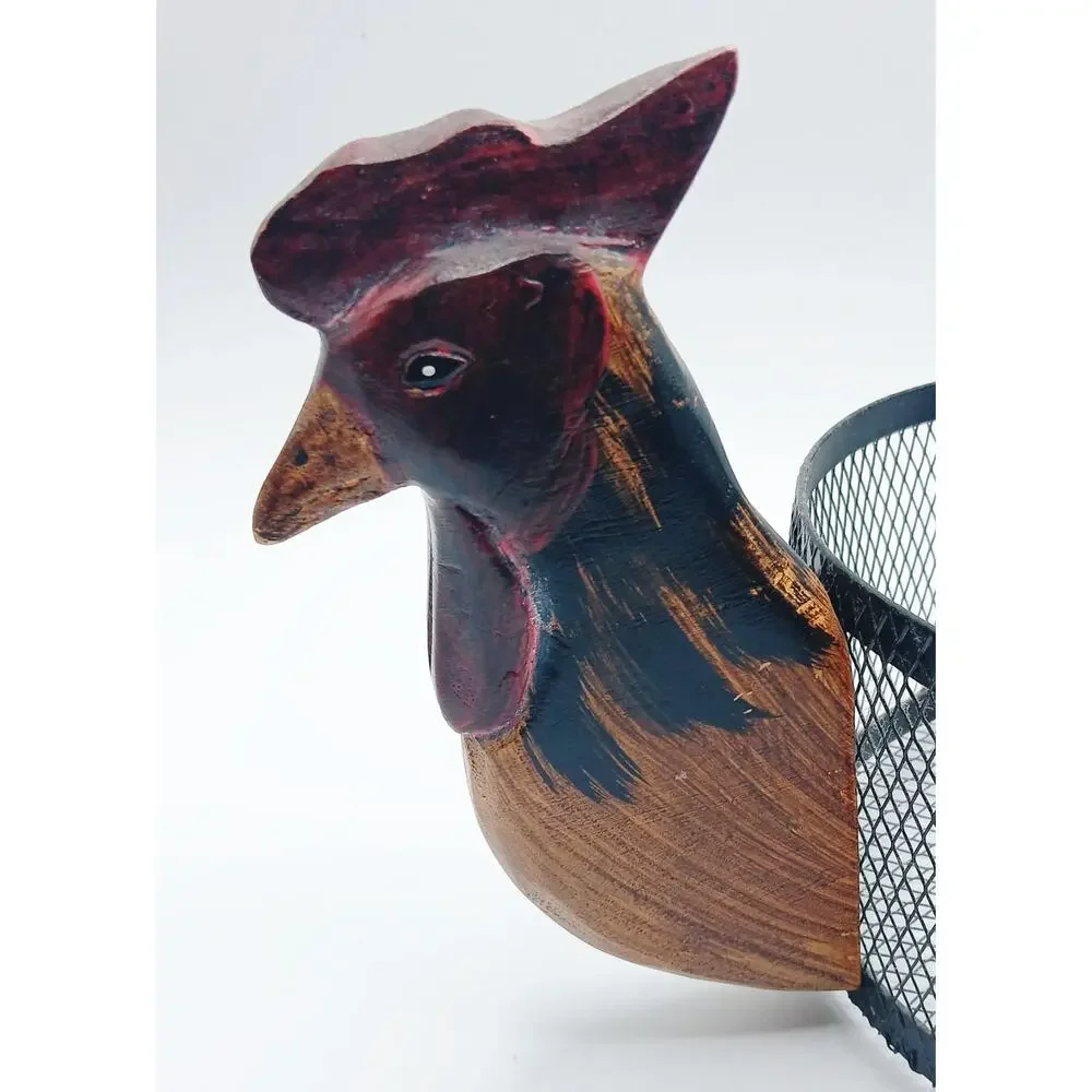Vintage Carved Wood Rooster & Wire Basket
